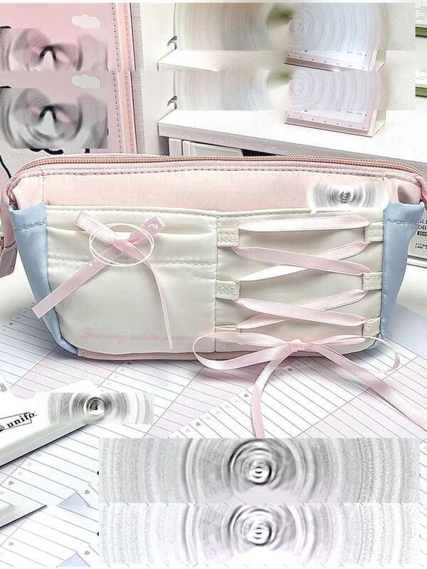 1Pc Bow Pink Lace Storage Bag Stationery Supplies Student Class Pencil Pen Ribbon Decoration Comfortable Soft Fabric Skin Friendly Large Capacity Multifunctional Zipper Bag