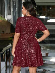 大码女式优雅 V 领亮片装饰短袖休闲连衣裙，百搭设计，适合派对和正式活动，金属装饰，松紧腰身，宽松版型，中长款 - 酒紅色 - 查看 2