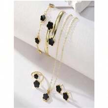 5pcs/Minimalist Plant Five Leaf Flower Set Gold Plated Stainless Steel Non Fading Women's Jewelry Five Leaf Grass Gift - Black - View 5