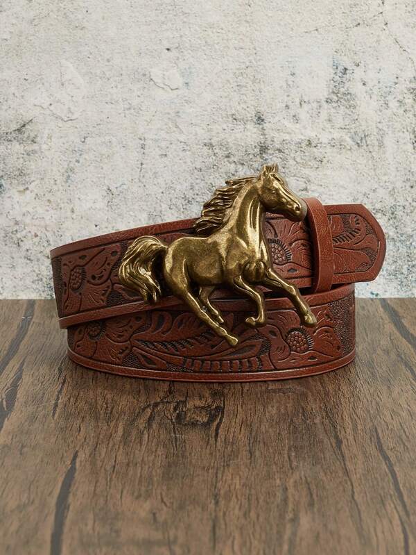 1pc Vintage Floral Print Metal Western Style Belt For Men, High Quality PU Leather Equestrian Belt, Suitable For Outdoor Sports, Parties, Gifts, Birthdays, Graduations, Jeans, Halloween, Valentine's Day, Spring, Winter, Summer, Fall Casual Wear