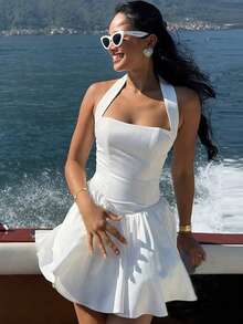 All-White Halterneck Street Sexy Backless Dress Vacation A Hem Slim Frilled Hem Dress