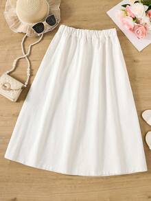 女童休闲简约前扣A字牛仔长裙，适合外出聚会，四季皆宜 - 白色 - 查看 3