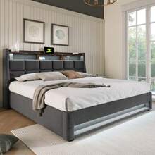 Double Bed With USB 140x200cm, LED Double Bed With Metal Frame, Bed Frame Made Of Linen Material, Teen Bed (Mattresses Not Included) - 灰色 - 查看 2