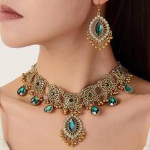 Retro Hollow Out Jewellery Set Traditional Bridal Choker Necklace Earring Women Bollywood Statement Boho Exaggerated Antique Oxidized Beads Tassel Classic Wedding Party - 綠色 - 查看 5