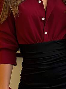 Solid Color Women's Casual Shirt Collar Patchwork Long Dress, Front Button Closure