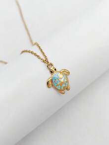 1件18K镀金不锈钢波西米亚蓝海龟吊坠项链，夏威夷海洋生物海滩度假颈链 - 金黃色 - 查看 1
