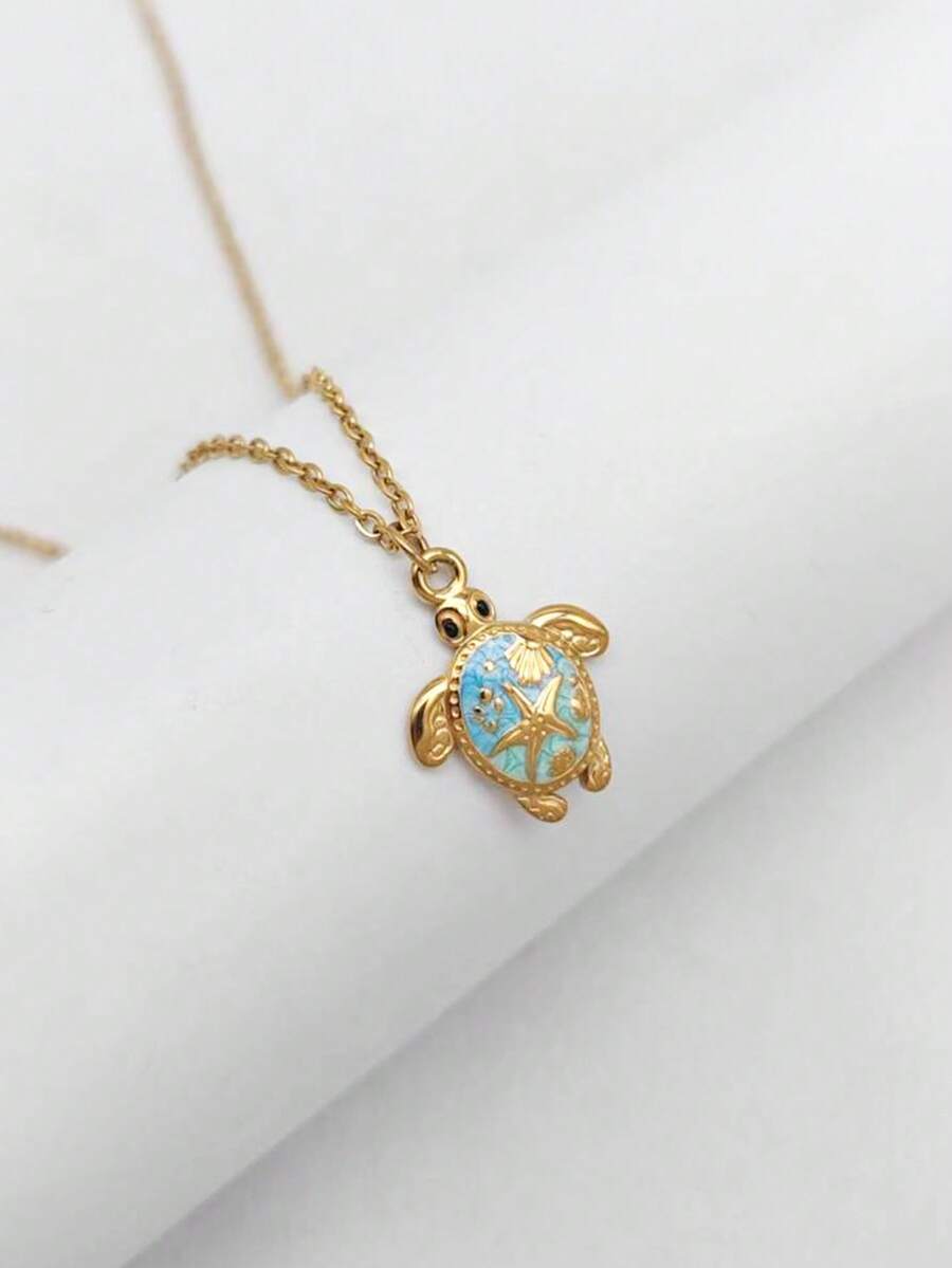 1件18K镀金不锈钢波西米亚蓝海龟吊坠项链，夏威夷海洋生物海滩度假颈链 - 金黃色 - 查看 1