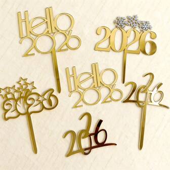 1个/3个/6个金色亚克力“Hello 2026”新年蛋糕装饰插牌，适用于2026新年派对DIY蛋糕甜点烘焙装饰用品