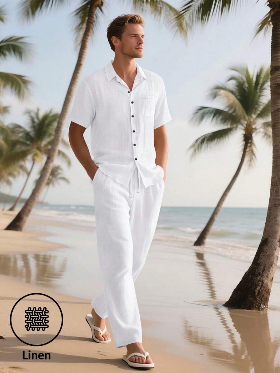 2 Stücke Herren Leinen Set, einfarbiges Hemd mit Einzelknopfleiste und kurzen Ärmeln und Hose, leichte, lässige Sommer Leinen Kleidung für Herren, gemütliche Outfits