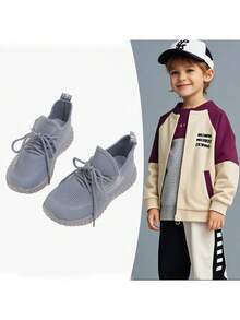 1 Pair Spring Minimalist Fashion Lace-Up Sports Shoes For Boys And Girls, Comfortable And Durable, Suitable For All Seasons - Grey - View 1