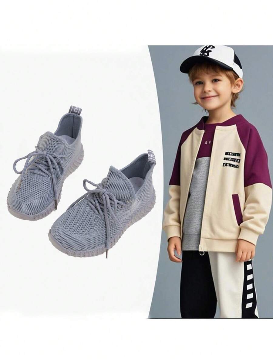 1 Pair Spring Minimalist Fashion Lace-Up Sports Shoes For Boys And Girls, Comfortable And Durable, Suitable For All Seasons - Grey - View 1