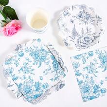 10pcs Blue And White Porcelain Petal Shaped Disposable Plate, Napkin And Cup Set, Includes Plates, Napkins And Cups, Suitable For 10 Guests, Disposable Paper Plate Party Supplies For Birthday, Wedding, Party, Family Picnic - Multicolor - View 4