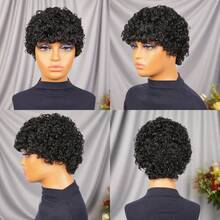 4 Inch Curly Pixie Cut Human Hair Wigs With Bangs Brazilian Virgin Hair Layered Curly Wave Hairstyle Water Wave Haircut Glueless Pixie Wigs Perfect For Daily Wear & Festival Music Festival Mother's Day Carnival Valentine's Day Halloween All Saints' Day Christmas Day Cosplay Spring Summer Autumn Winter