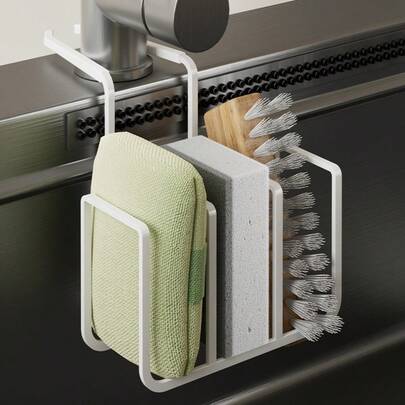 1pc Carbon Steel Kitchen Sponge Holder - Rust-Proof And Anti-Slip Wall-Mounted Sponge Cleaning Storage Rack With A Drainage System, Space-Saving Vertical/Horizontal Installation Suitable For Sinks And Countertops - Easy To Install, Kitchen Storage And Organization, Kitchen Storage And Organization, Kitchen Storage And Organization, Kitchen Tidying,