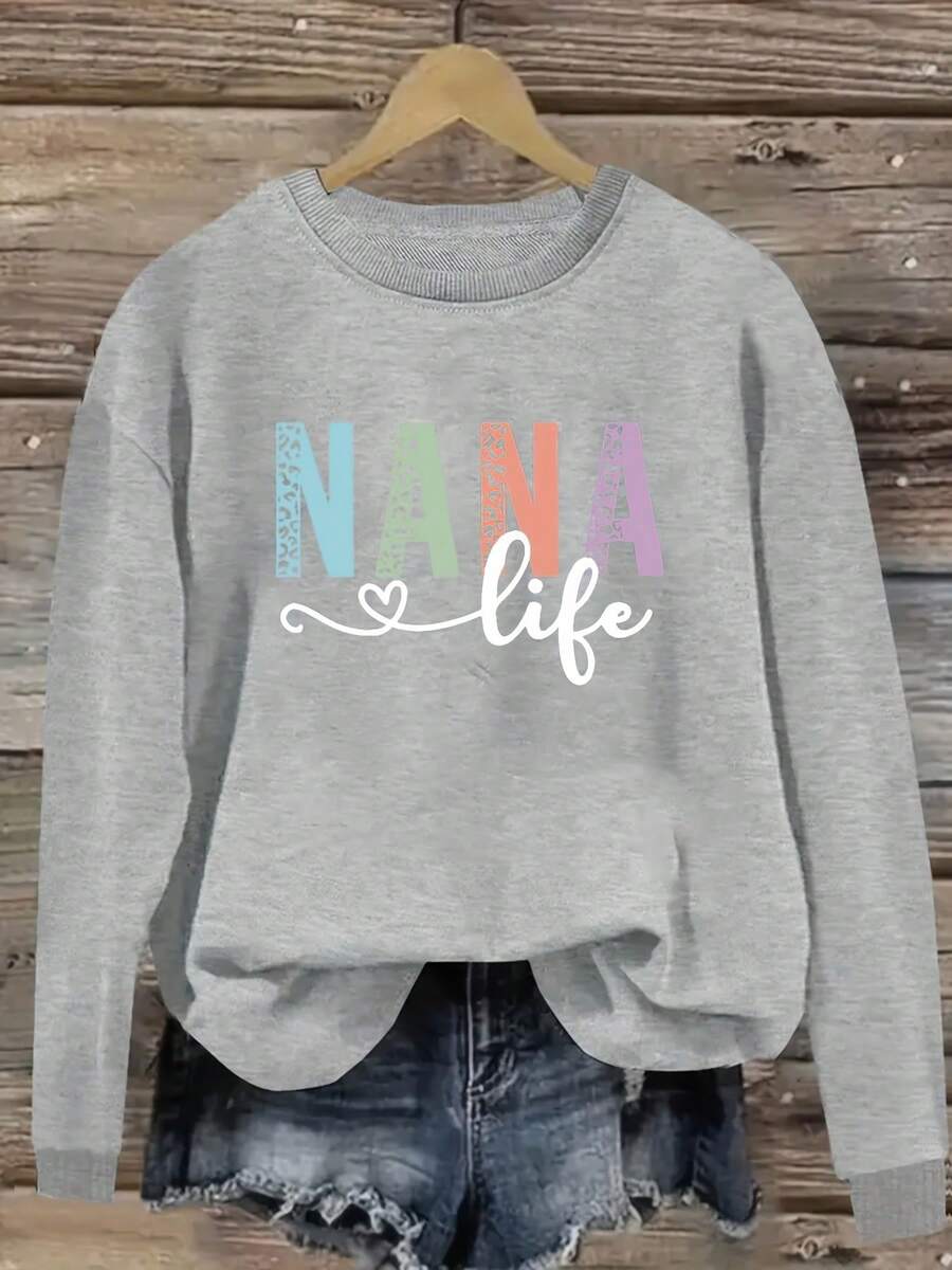 2026 Women's Bright Red Sweatshirt, Nana Letter Print Heart Decoration Crew Neck, Autumn Winter Comfortable Pullover, Machine Washable Fun Design Top, Women's Graphic Tee, Fall Streetwear,End Of Season,Final Stock,Fan Favorite.,Soft & Comfortable For Daily Wear, Versatile Basic Tops For Spring And Summer.Long Sleeve Sweatshirts For Women Plus Size Spring Outfits For Women Spring Break  Casual Daily Wear. - xám - Xem 1
