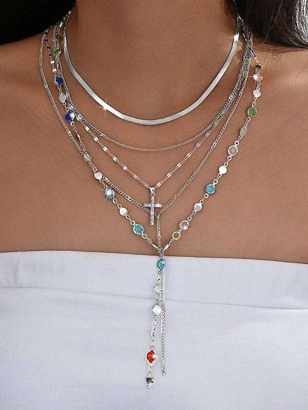 5pcs Vintage Metal Cross Pendant Y-Necklace, Bohemian Style Colorful Crystal Pendant Necklace Set, Suitable For Women's Daily, Vacation, Party, Dating, Holiday Gift For Friends