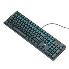 HP K10G Mechanische Tastatur, 104 Tasten, im laufenden Betrieb austauschbare, anpassbare Schalter, vollständiges N-Key-Rollover, stabile Kabelverbindung, geeignet für den Bürogebrauch, schwarz mit eisblauer Hintergrundbeleuchtung und blauen Schaltern.