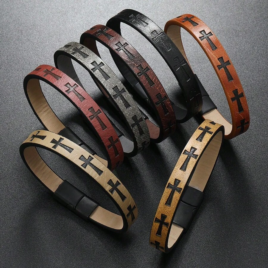 European And American  Alloy Leather Bracelet Men's Printed Cross Bracelet Magnet Buckle Retro Simple Woven Leather Bracelet - 咖啡 - 查看 1