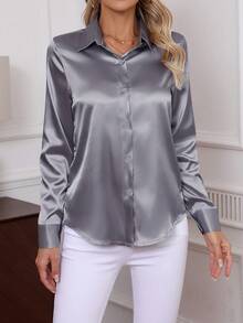 2026 New Elegant Solid Color Button-Down Long Sleeve Shirt, Classic Workwear Blouse For Women Spring - Grey - View 4