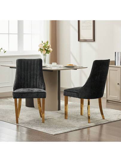 Flocked Chenille Rayon Dining Chairs, Com Tafel Kitchen Stoel Fabric Upholstery Goud Stainless Steel Legs, Set Of (Black).