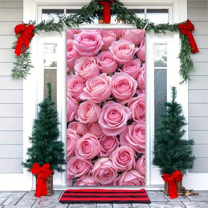 1Pc Valentine's Day Banner, Made Of Polyester Material, With A Pink Floral Background Picture, Is Suitable For Indoor And Outdoor Decoration, Festival Decoration, Courtyard Decoration, Office Decoration, And Front Door Decoration