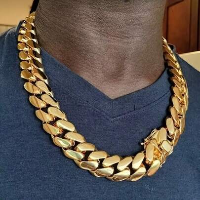 putouzip 20mm Chunky Thick 18K Gold Plated Stainless Steel Curb Punk Whip Link Chain Box Buckle Necklace For Men Hip Hop Jewelry