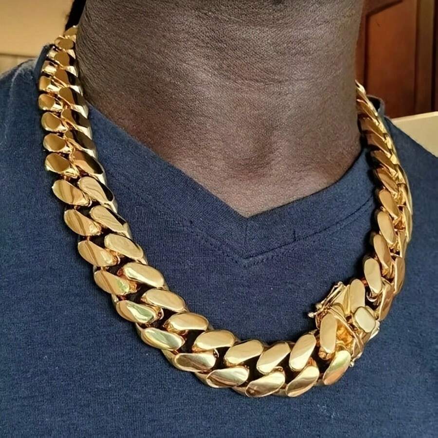 putouzip 20mm Chunky Thick 18K Gold Plated Stainless Steel Curb Punk Whip Link Chain Box Buckle Necklace For Men Hip Hop Jewelry - 20mm Golden Necklace - 查看 1