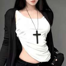 The European And American Retro Dark Style Wooden Cross Necklace Features A Classic Cross Shape With A Cool Feel, And The Long Design Is Perfect As A Sweater Chain. Light Luxury Texture Is Not A Choice For Matching, It Looks Good On Daily Hoodies And Holiday Outerwear, Making It A Versatile Item That Spicy Girls Must Bring When Going Out, Easily Filling The Dark And  Atmosphere. - màu đen - Xem 3