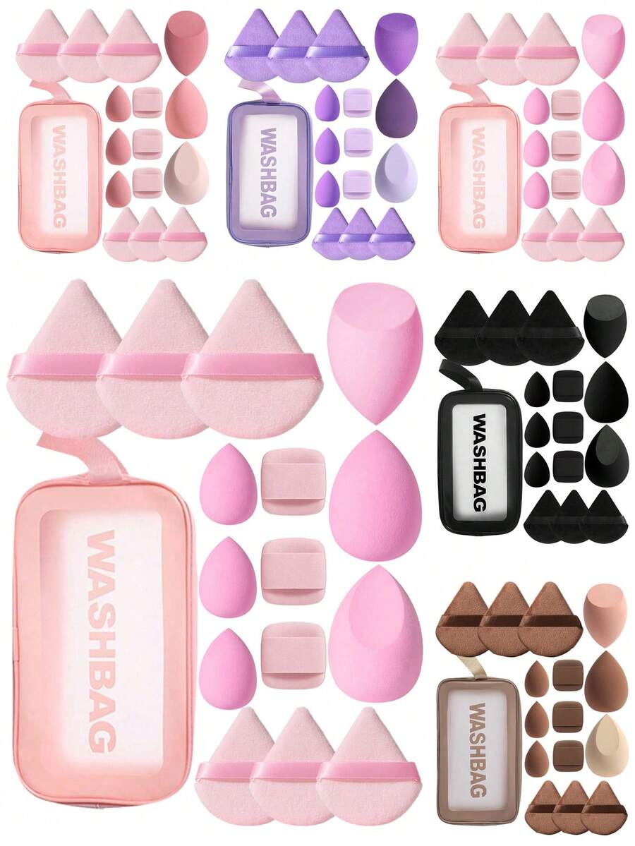 16 Pieces Of Cosmetic Sponge Set, Including 3 Pieces Of Cosmetic Sponge, 3 Pieces Of Mini Cosmetic Sponge, 3 Pieces Of Powder Puff, 3 Pieces Of Mini Powder Puff, 3 Pieces Of Mini Finger Air Cushion Powder Puff And 1pc Cosmetic Bag, Made Of Super Soft Velvet, Used To Create A Flawless, Cake Free Appearance, Suitable For Liquid, Cream And Powder. - Multicolor - View 1