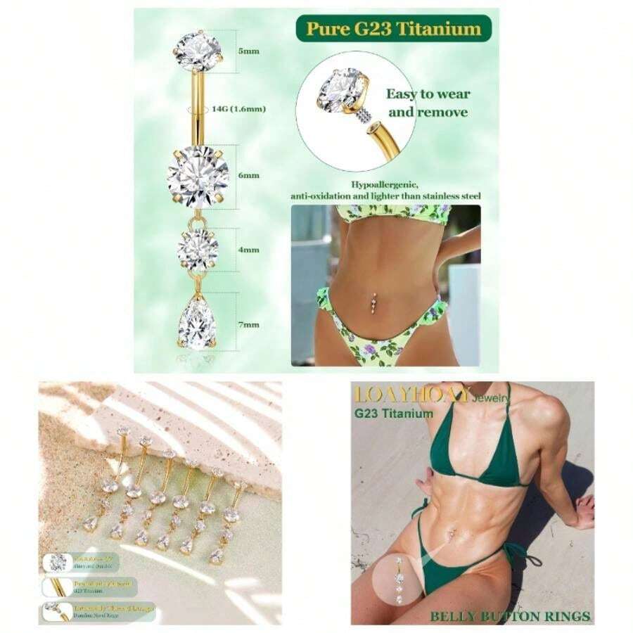 G23 Titanium Dangle Belly Button Rings Women Internally Thread Curved Barbell Belly Rings Dangling Navel Rings CZ Teardrop Navel Piercing Jewelry 6 - 16mm - 條長度 16 毫米 + 金 - 查看 1