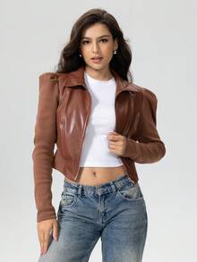 D&M Elastic Faux Leather Patchwork Ribbed Slim Fit Short Jacket - Brown - View 5