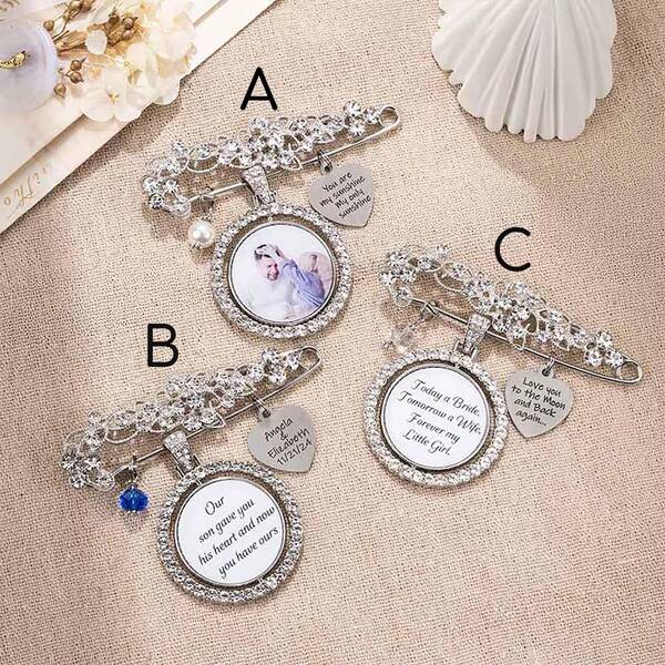 Personalized Blue Wedding Bouquet Charm - Customized Photo & Heart-Shaped Brooch, Sentimental Crystal Pearl Gift For The Bride
