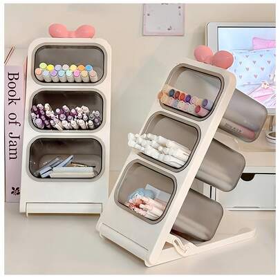 3-Tier Slanted Desktop Organizer Rack With Cute Foldable Pen Holder And Bow Decor, Large Capacity Stationery Storage Box For Office, School, Art Studio And Dorm, Space-Saving Multipurpose Organizer For Pencils, Markers, Clips, Rulers, Papers, Craft Supplies, Desk Accessories, Ideal Gift And Premium Desk Setup