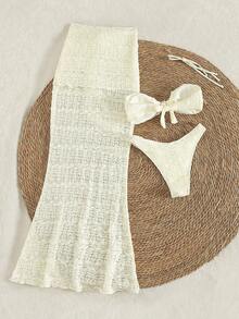 PEPPERMOLLY Bộ đồ 3 món không dây vai, chất liệu dệt kim họa tiết dành cho nữ, dây đeo có thể tháo rời - Áo crop top màu xanh lá chanh đính vỏ sò vàng và chân váy maxi cạp cao buộc dây bên hông, kiểu dáng nàng tiên cá Bohemian, thích hợp cho kỳ nghỉ biển, tiệc bể bơi, lễ hội âm nhạc, sự kiện bên bờ biển, các buổi tụ họp ngoài trời mùa hè, kỳ nghỉ và tiệc cưới. - Màu be - Xem 10