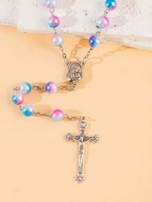 1pc Handmade Multicolor Beaded Cross Necklace, Rosary, Virgin Mary Medal And Jesus Cross Pendant