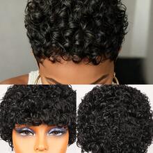 4 Inch Curly Pixie Cut Human Hair Wigs With Bangs Brazilian Virgin Hair Layered Curly Wave Hairstyle Water Wave Haircut Glueless Pixie Wigs Perfect For Daily Wear & Festival Music Festival Mother's Day Carnival Valentine's Day Halloween All Saints' Day Christmas Day Cosplay Spring Summer Autumn Winter