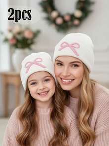 两件套刺绣蝴蝶结针织帽，一顶成人款和一顶儿童款，母女同款保暖针织帽，适合1-6岁儿童，秋冬季 - 2pcs - 查看 13