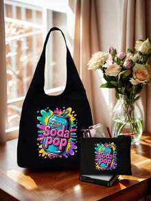 Print With Soda Pop Pattern Shoulder Bag And Cosmetic Bags Set, Shopping Bag,Multi Functional Portable Handbag, Shoulder Bag,Large Capacity Fashion Simple Style Durable Gunny Bag,Skin Care Product Storage Bags,Makeup Bag, For Handbags,Suitable With Suitable For Outdoor Picnics, Parties, Travel And Shopping, Gifts For Family And Friends - Black - View 1