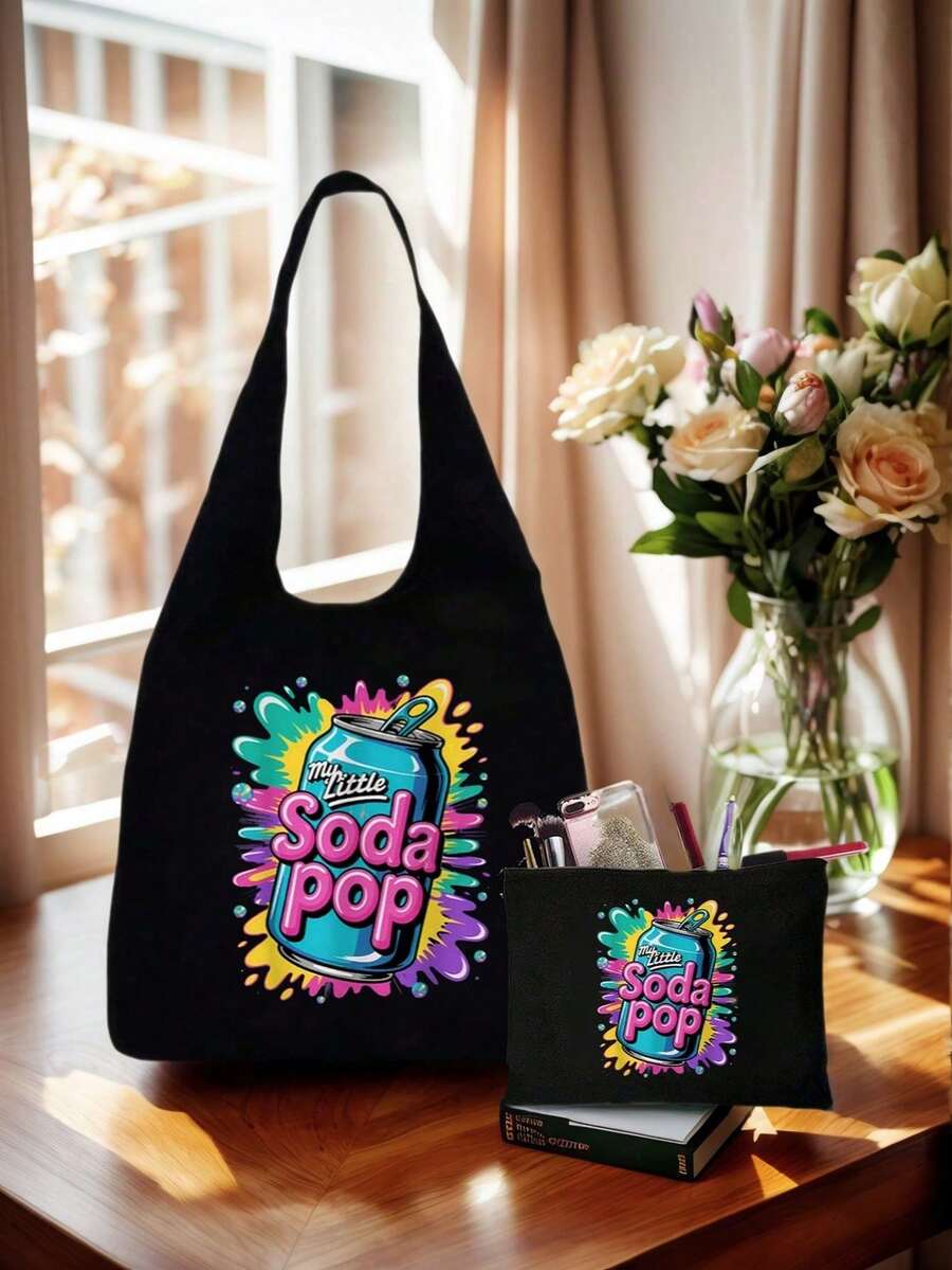 Print With Soda Pop Pattern Shoulder Bag And Cosmetic Bags Set, Shopping Bag,Multi Functional Portable Handbag, Shoulder Bag,Large Capacity Fashion Simple Style Durable Gunny Bag,Skin Care Product Storage Bags,Makeup Bag, For Handbags,Suitable With Suitable For Outdoor Picnics, Parties, Travel And Shopping, Gifts For Family And Friends - Black - View 1