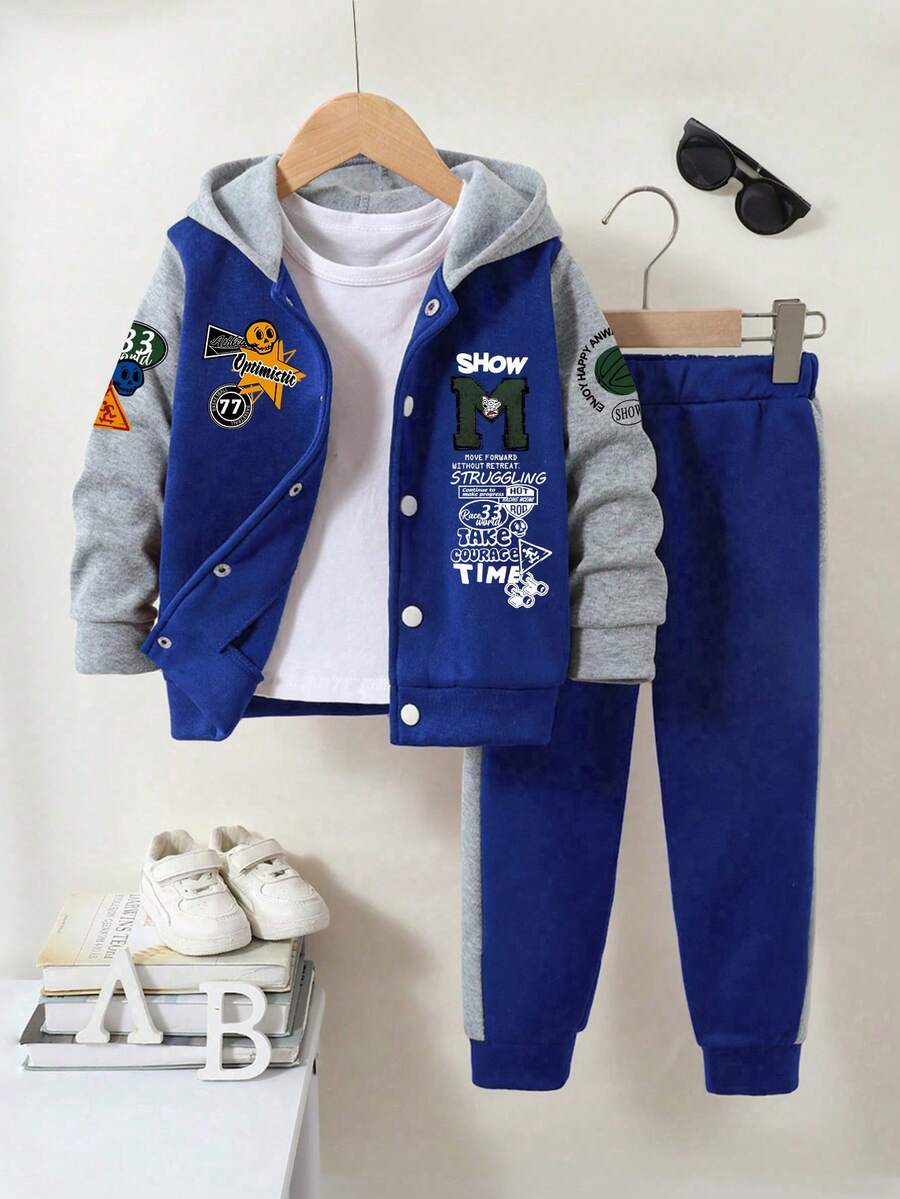Boys' Letter Print Baseball Jacket And Pants Set - Blue - View 1
