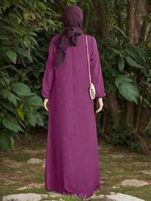 Elegant Long Sleeve Round Neck Kaftan Dress With Pockets, Women's Casual Simple Style, Made Of Comfortable Non-Stretch Woven Fabric