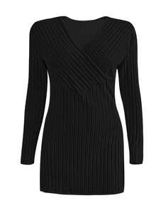 Nueva Blusa Casual de Moda de unicolor con Acanalado y Abertura Cruzada en el Bajo para Mujeres de Talla Grande - Negro - Ver 5