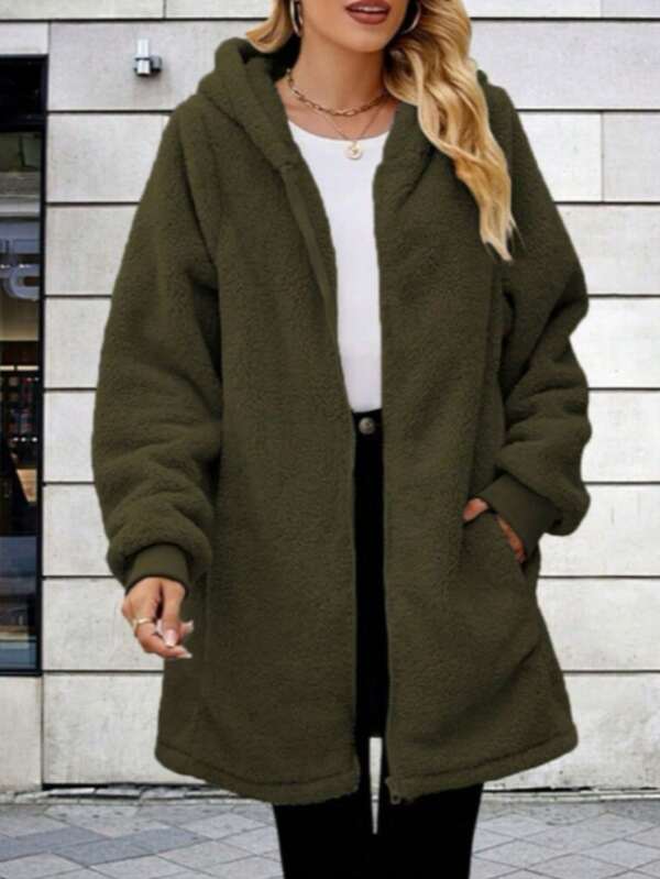 2024 New Autumn/Winter Hot-Selling Hooded Solid Plush Zipper Jacket, Plus Size Women's Apparel