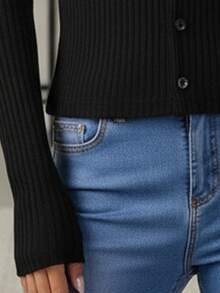 Cárdigan con botones para mujer, cuello redondo, acanalado de punto ajustado - Negro - Ver 4