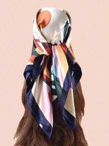 Fashionable Floral Print Women's Square Scarf, Casual Sun Protection Headscarf, Large Scarf/Shawl - Navy - View 9