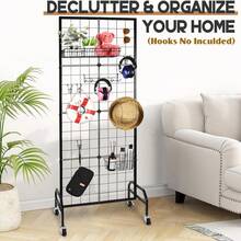 Grid Wall Panel, 1.9 X 5.4 Ft Wire Grid Panels Display Rack, Movable Art Display Shelf With Wheels And 10 Hooks, Black Carbon Steel Gridwall For Craft Show, Decoration, Storage, Notice Board - màu đen - Xem 2