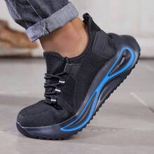 Zapatos con punta de acero, de unicolor, estilo cargo con cordones, versión brillante, zapatos de , para exteriores, para todas las estaciones, zapatos para sitios de construcción, anti-perforación, anti-aplastamiento, unisex - Negro - Ver 7