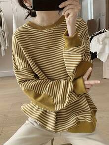 女性用ルーズストライプセーター - 長袖ルーズチュニックトップ、縦ストライプマスタードイエローとブラウン、春と秋の重ね着に適した柔らかい生地、カジュアルなドレスアップ、快適でスタイリッシュな女性用セーター、わずかな伸縮性のあるルーズフィット、手洗いまたはドライクリーニング、シックなストライプデザインはカジュアルウェアに適しています。 、女性用トップスとブラウス、女性用トップスとブラウス、クリスマス、女性用トップス、女性用服、シャツ、女性用トップス - 茶色 - チェックする 6