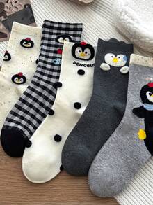 5双装女士可爱卡通动物、企鹅、字母印花时尚透气中筒袜 - 彩色 - 查看 6