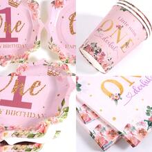 Pink Floral 1st Birthday Petal Shaped Disposable Plate, Napkin, Cup Set, Plates, Napkins And Cups Party Supplies, Serves 10 Guests, Disposable Paper Plates Party Tableware Suitable For Birthday, Wedding, Party, Family Picnic - Multicolor - View 3